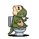 A pixelated T-Rex sits thoughtfully on a toilet, wearing a paper bag mask and holding toilet paper, creating a quirky and humorous scene.