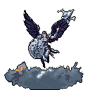A winged warrior in shining armor descends from above, spear in hand, ready to strike amidst a turbulent, fiery landscape. The pixel art evokes a sense of powerful action and impending conflict.