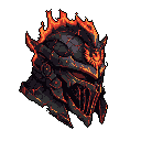 This pixel art showcases a menacing, infernal helmet forged from dark metal and glowing with fiery heat. Cracked and brutal in design, the helmet's glowing eye sockets and flame-like protrusions evoke a powerful sense of evil.