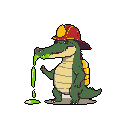 A pixel art crocodile, inexplicably wearing a firefighter's helmet and backpack, spews a torrent of vibrant green liquid onto the ground. The quirky image, set against a stark black background, evokes a humorous and slightly bizarre scene.