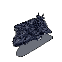 This pixel art showcases a heavily armored spaceship rendered in isometric perspective, its detailed design and monochromatic palette conveying a sense of technological power. The hovering vessel, likely a military transport, dominates the frame with its complex layers and ominous presence.