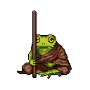 A pixelated frog, robed and holding a staff, sits in quiet contemplation against a stark black background. The earthy color palette and meditative pose evoke a sense of peace and ancient wisdom.