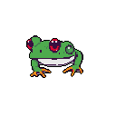 This pixel art frog, a red-eyed tree frog with a mischievous grin, sits front and center. The vibrant green, red, and golden-orange hues pop against the black background, creating a playful and nostalgic character.