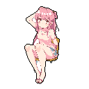 This pixel art features a cute, pink-haired girl in a swimsuit, casually seated and seemingly lost in thought. Her relaxed pose and soft color palette create a peaceful and lighthearted mood.