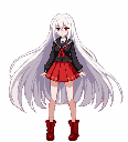 This pixel art features a stylized girl in a black sailor uniform with a red skirt and boots, her long white hair framing her striking red eyes. Her poised stance and intense gaze create a feeling of quiet determination.