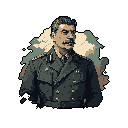 This pixel art portrait captures the imposing figure of a Stalin-esque man in a detailed military uniform, conveying authority with his stern expression. The muted color palette and formal posture enhance the historical and serious tone.