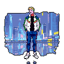A confident, pixelated figure stands in a cool, cyberpunk-inspired cityscape at night. With hands in pockets and a subtle tilt of the head, he embodies urban coolness against a backdrop of illuminated buildings and reflective surfaces.