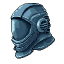 This pixel art showcases a formidable, futuristic helmet with a robust, layered design and dark visor. Rendered in cool blues and greys, the helmet exudes a sci-fi industrial aesthetic with its detailed vents and armored plating.