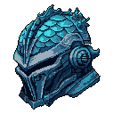This pixel art showcases a cool-toned, futuristic armored helmet, angled slightly and detailed with scales and a vent. The metallic design and sharp lines give off a serious, tech-heavy vibe.