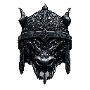 A highly detailed pixel art helmet, rendered in striking grayscale, dominates the frame with its intimidating design and intricate textures. This imposing headwear evokes a sense of power and ancient fantasy, hinting at a formidable warrior or creature.