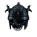 This pixel art showcases a menacing, monster-like helmet rendered in dark shades of grey. The detailed design features sharp teeth, horns, and a textured surface, creating an ominous and intimidating focal point.