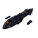 A solitary, blue-gray warship drifts through the black void, its orange and yellow details hinting at damage or unknown purpose. The pixel art evokes a sense of isolation and potential menace in the vastness of space.