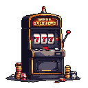 This pixel art showcases a vintage slot machine, the "CASINO OROCHO," hitting a lucky "777" amidst a pile of gold coins and poker chips. The classic one-armed bandit, rendered in a nostalgic pixel style, evokes a sense of old-school casino excitement.