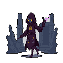 A mysterious, robed figure with glowing eyes stands in a desolate landscape, conjuring magenta energy with one hand and holding a staff in the other. This dark mage, marked with a glowing emblem, exudes power and an aura of foreboding.
