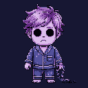 A melancholic pixel art figure in dotted pajamas stands with a mysterious chain trailing from their hand, their large, empty eyes conveying a somber mood.