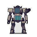 A pixelated, beige mech stands ready with a teal-visored cockpit and a dual-barreled weapon, its static pose hinting at formidable power. The industrial color scheme and simple design create a striking, yet subdued, image.
