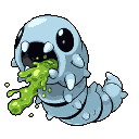 A cute, pixelated caterpillar-like creature is caught mid-vomit, expelling a bright green substance. The unsettling yet cartoonish image features a surprised expression and a playful color palette.