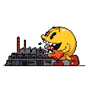 A monstrous, oversized Pac-Man devours a tiny creature amidst a pixelated industrial cityscape, highlighting a darkly humorous twist on the classic character. The bright yellow Pac-Man dominates the scene, showcasing his aggressive consumption.
