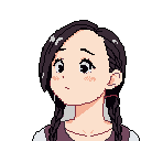 This pixel art portrait captures a young woman in a moment of quiet contemplation, her dark braids framing a face marked by subtle concern. The simple color palette and focused composition draw attention to her expressive eyes and the gentle melancholy of her gaze.