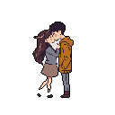 Two pixelated figures, a man and a woman, share a tender embrace against a stark backdrop. The image captures a moment of quiet intimacy, their closed eyes and leaning postures conveying deep affection and connection.