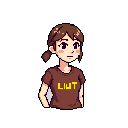 This pixel art portrait features a young woman with a curious expression, her dark brown t-shirt emblazoned with the bright yellow text "LIUT." The simple, earthy color palette and retro style focus entirely on the character's unassuming appearance.