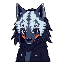 This detailed pixel art portrait features a cool and enigmatic wolf character with piercing eyes and striking orange cheek markings. Dressed in a dark jacket and scarf, the blue-grey canine makes direct eye contact, creating a captivating and slightly emo vibe.