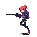 A determined young woman with red eyes and a rifle takes aim in this action-packed pixel art. Her intense focus and dynamic pose suggest a stealth mission or combat scenario.