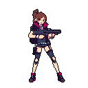 A pixel art warrior stands ready for action, rifle in hand, sporting a cyberpunk aesthetic with muted colors and pops of pink. This one-eyed, ponytail-sporting character exudes preparedness in a gritty, urban setting.