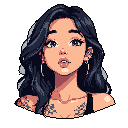 This pixel art portrait captures a stylish young woman with expressive eyes, tattoos, and piercings. Her gentle expression and warm skin tones create a modern and appealing vibe.