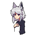 This pixel art portrait features a thoughtful, wolf-eared humanoid with striking white markings against a dark purple hood. The character's introspective gaze and muted color palette create a quiet, almost melancholic mood.