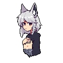 A fox-eared humanoid character with a subdued expression stands against a void, clad in a dark hooded garment. The muted color palette and slightly hunched posture create an introspective mood.
