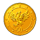 This pixel art depicts a gleaming gold coin, embossed with a stylized bird and the number "50," reminiscent of classic video game rewards. The vibrant yellows and oranges create a polished, valuable feel.