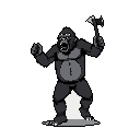 A powerful, pixelated gorilla warrior roars fiercely, brandishing a battle axe with menacing intent. The grey-toned, muscular creature dominates the stark black void, radiating raw power and aggression.