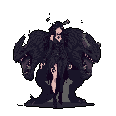 A regal, dark fantasy figure stands powerfully amidst a void, flanked by two monstrous reptilian heads. The minimalist pixel art uses a stark purple and peach palette, highlighting the figure's imposing presence and the scene's ominous mood.