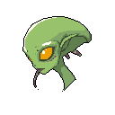 This pixel art portrait features an intriguing, light green alien with piercing yellow eyes and a forked purple tongue. The creature's focused gaze and smooth features create a slightly unsettling yet captivating image.