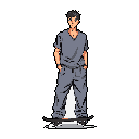 A cool, pixelated skater dude stands confidently on his board, hands in pockets, rendered in muted grays against a stark black backdrop. His relaxed pose and simple design evoke a casual, urban vibe.