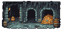 This pixel art depicts a treasure-filled dungeon chamber, featuring rough stone walls and archways leading into shadow. A pile of gold gleams against the cold, muted tones of the ancient, foreboding environment.