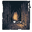 A mysterious, dimly lit stone corridor draws the eye towards a swirling vortex of light at its end. The pixel art evokes a sense of exploration and anticipation, hinting at hidden dangers or discoveries ahead.
