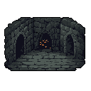 A pixelated dungeon chamber, rendered in somber greys, invites exploration with arched doorways and a mysterious, faint glow emanating from a distant alcove, hinting at hidden secrets within the stone walls.