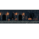 Pixel art depicts a dimly lit dungeon scene with arched doorways and scattered objects like crates and gold, punctuated by the warm glow of torches against cool, dark stone.