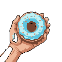 A pixel art image showcases a light-skinned hand, adorned with a butterfly tattoo, holding a delicious donut topped with vibrant blue icing and colorful sprinkles. The high-contrast, black background focuses all attention on the delectable treat.