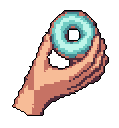 A pixelated hand lovingly presents a light blue donut, its simple design evoking a moment of quiet sweetness. The limited color palette and focused composition draw attention to the comforting gesture.