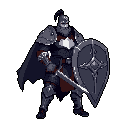 A stoic, heavily armored pixel art warrior stands ready for battle, shield raised and sword drawn, embodying strength and preparedness.