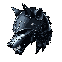 This pixel art showcases a heavily armored wolf's head, rendered in cool blues and grays, evoking a sense of powerful, metallic strength. The detailed emblem, possibly a helmet, features intricate pixel patterns and highlights that suggest a battle-ready or fantasy-inspired design.