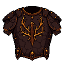 This pixel art showcases a detailed piece of fantasy chest armor, rendered in rich browns, maroons, and gold. The ornate design features a striking antler motif and layered pauldrons, evoking a sense of ancient power and rugged mystique.