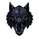 This pixel art piece showcases a fierce, armored wolf head snarling with glowing orange eyes. The metallic faceplate and wild fur create an ominous and powerful fantasy-inspired aesthetic. Set against a black void, the intense gaze and constructed details command attention.