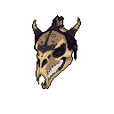 This pixel art features a menacing, reptilian skull-mask snarling with sharp teeth, its muted earthy tones and etched markings creating a dark and ominous vibe. The angled pose and stark white teeth draw the eye to this striking, bone-like creature.