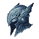 This pixel art showcases an ornate helmet of metallic or crystalline origin, featuring intricate designs and a cool blue palette that evokes a sense of ancient power and mystery. Its sharp features and imposing presence suggest a fantastical artifact of a forgotten civilization.