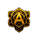 This pixel art showcases a luminous, gold "A" emblem intricately interwoven with a complex, star-shaped geometric design. The image evokes a sense of ancient power and futuristic elegance with its detailed facets and glowing highlights against a stark black background.