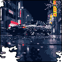 A sleek, black pixel art car sits parked on a rain-slicked city street at night, its headlights reflecting the urban glow. The scene evokes a moody, atmospheric vibe with its cool color palette and nostalgic pixelated style.